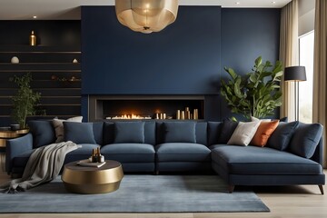 Modern living room,home interior design concept, comfortable blue sofa and walls, cozy carpet, coffee table, and plants. Generative AI.