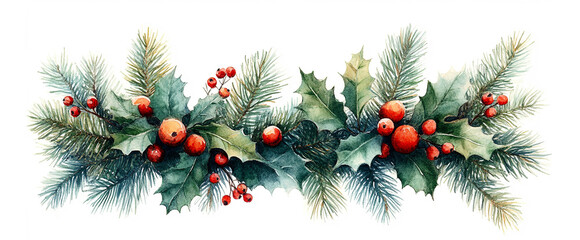 Wide web Merry Christmas horizontal banner with coniferous in watercolour style garland with mix of pine branches and holly berries, leaves, Xmas decoration isolated on white background