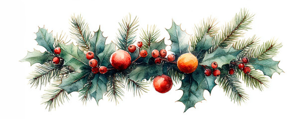 Wide web Merry Christmas horizontal banner with coniferous in watercolour style garland with mix of pine branches and holly berries, leaves, baubles, Xmas decoration isolated on white background