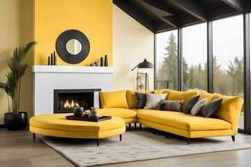 Modern living room, home interior design concept, comfortable yellow sofa, cozy carpet, coffee table, and plants. Generative AI.