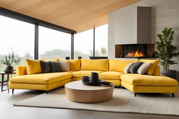 Modern living room, home interior design concept, comfortable yellow sofa, cozy carpet, coffee table, and plants. Generative AI.