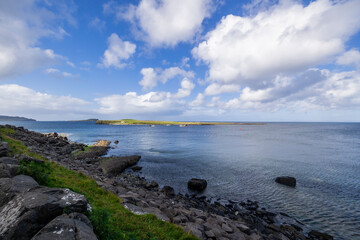 Scenic, Rocky Beach, Water, nature, coastal, oceanic landforms, cliff, sea, shore, mountain, grass, plants, rocks, rock, landscape, sky, beach, coast, water, stone, travel, ocean, clouds, cloud, summe