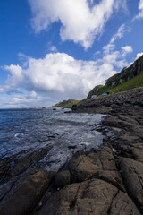 Scenic, Rocky Beach, Water, nature, coastal, oceanic landforms, cliff, sea, shore, mountain, grass, plants, rocks, rock, landscape, sky, beach, coast, water, stone, travel, ocean, clouds, cloud, summe