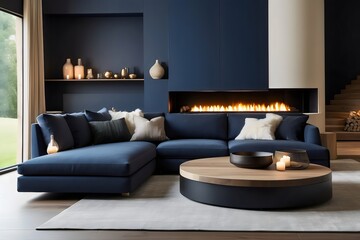 Modern living room,home interior design concept, comfortable blue sofa and walls, cozy carpet, coffee table, and plants. Generative AI.