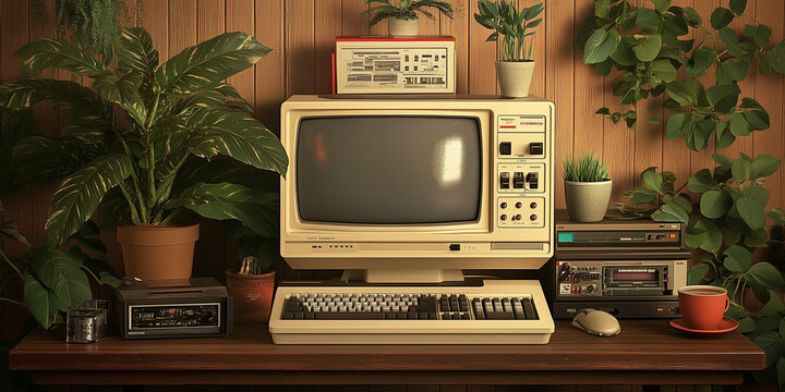 A vintage computer setup on a wooden desk with a lamp and accessories in a retro-styled office environment.