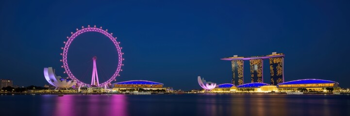 Stunning night view of the Singapore skyline featuring the Singapore Flyer and Marina Bay Sands, illuminated in vibrant colors, showcasing the city's modern architecture and beauty.