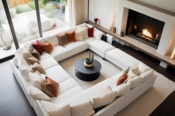 Modern living room, home interior design concept, comfortable white sofa, cozy carpet, coffee table, and plants. Generative AI.