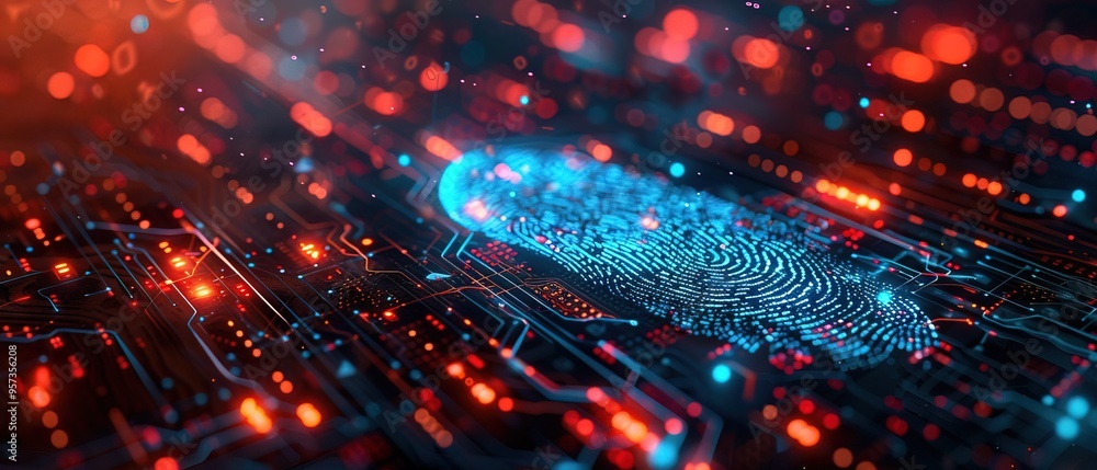 Poster personal data. security system with fingerprint on cyber technology