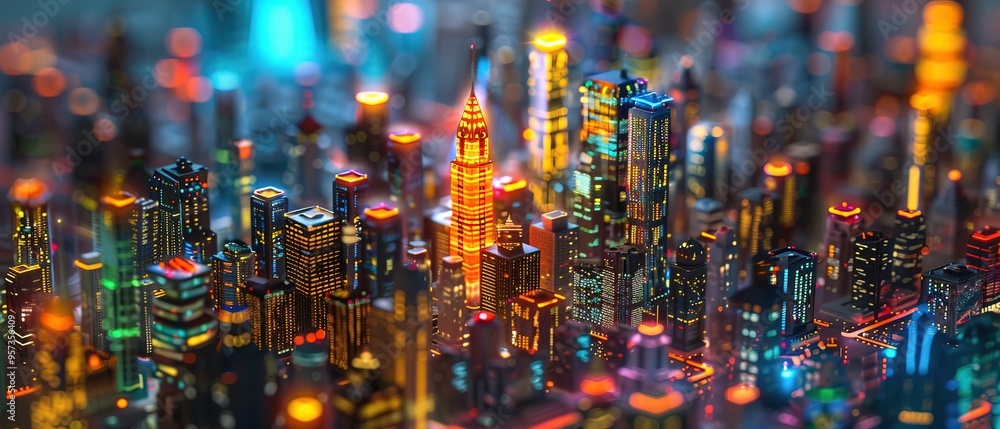 Poster high tech data network color grids over miniature cityscape