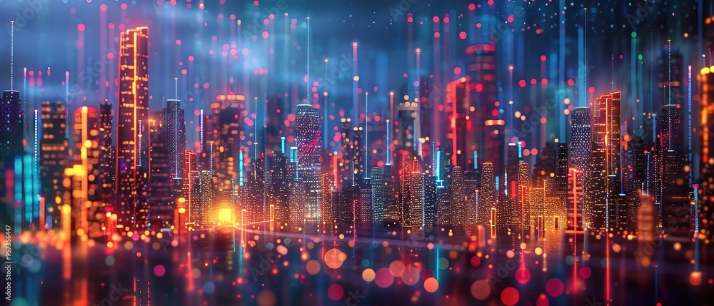 Poster high tech data network color grids over miniature cityscape