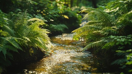   Stream runs through lush forest, surrounded by leafy trees and bushes