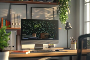 Fototapeta premium Stylish workspace with computer supplies plant and books.