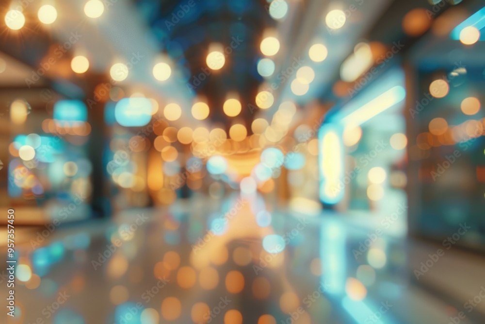 Poster abstract blur image background of shopping mall with light bokeh and flare light bulb