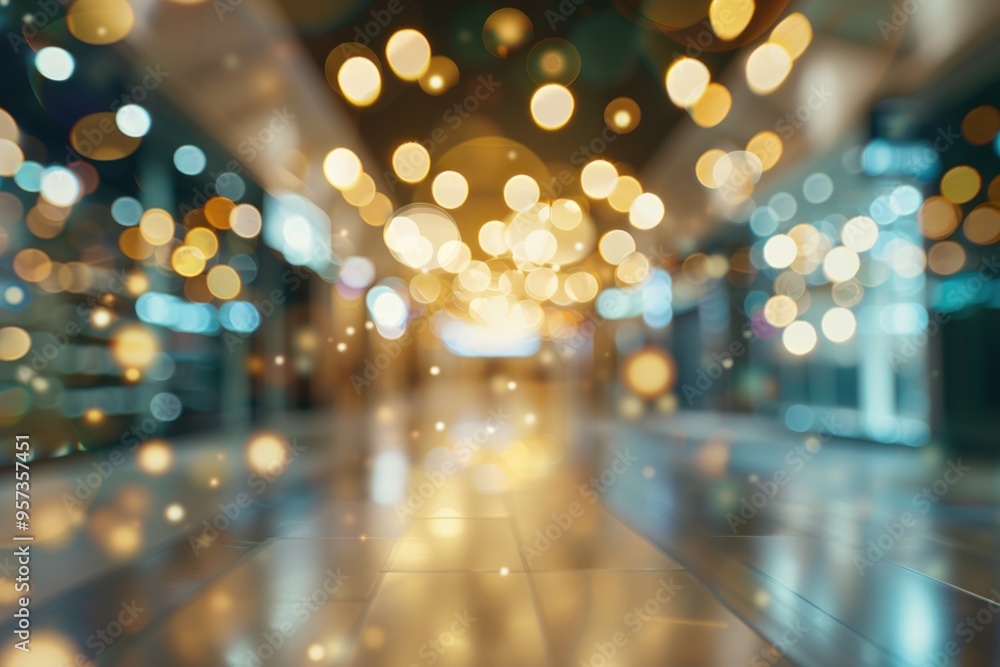 Poster abstract blur image background of shopping mall with light bokeh and flare light bulb