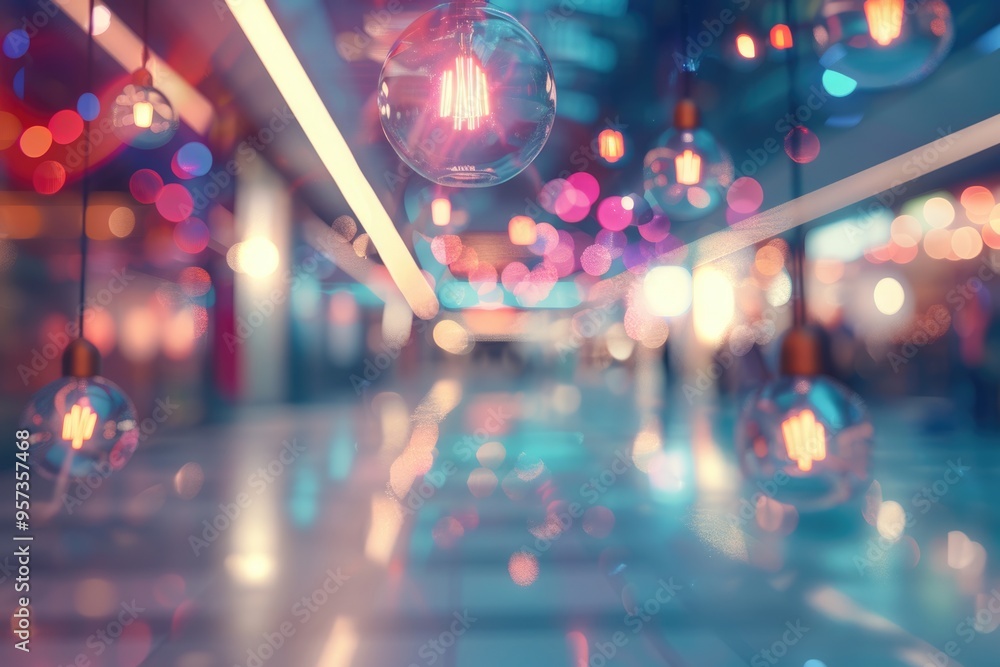 Poster abstract blur image background of shopping mall with light bokeh and flare light bulb