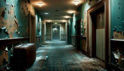 Abandoned hotel hallway with peeling paint and dim lighting