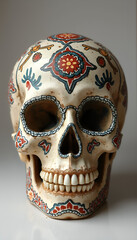 A human skull made of clay or ceramic, with intricate details and vibrant colours, featuring traditional patterns and artistic motifs.