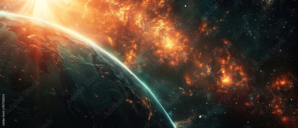 Poster a computer generated image of a planet. concept of futuristic technology