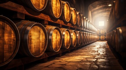 Wooden barrels of aged wine. Old wine cellar with many oak barrels, equipment for wine production. Neural network ai generated art