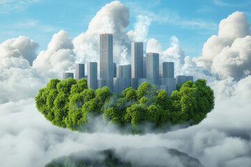 Fototapeta premium A tree on a green grass against blurred green and pollution in the city background for an environmental protection. Generative AI.