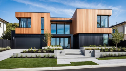 Fototapeta premium residential architecture exterior of a modern minimalist luxury cube house - villa with warm wood walls and black panels and landscape design front garden