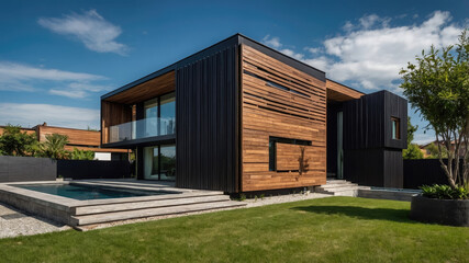Fototapeta premium residential architecture exterior of a modern minimalist luxury cube house - villa with warm wood walls and black panels and landscape design front garden