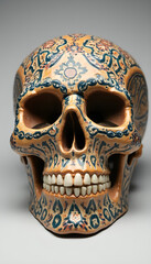 A human skull made of clay or ceramic, with intricate details and vibrant colours, featuring traditional patterns and artistic motifs.