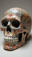 A human skull made of clay or ceramic, with intricate details and vibrant colours, featuring traditional patterns and artistic motifs.