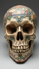 A human skull made of clay or ceramic, with intricate details and vibrant colours, featuring traditional patterns and artistic motifs.