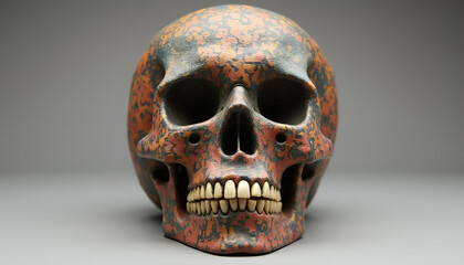 A human skull made of clay or ceramic, with intricate details and vibrant colours, featuring traditional patterns and artistic motifs.