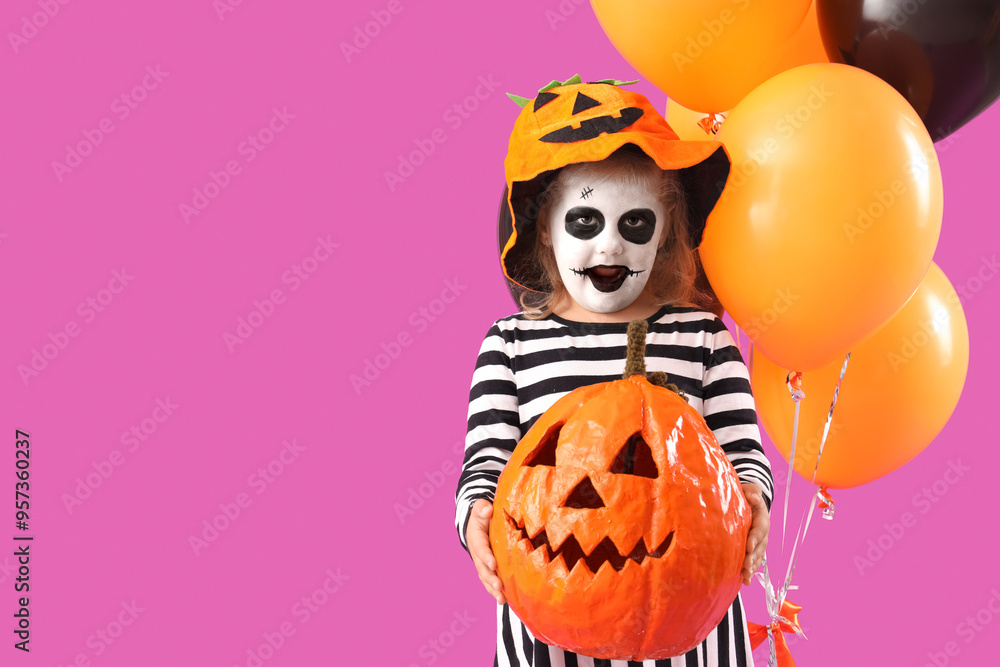 Poster little girl dressed for halloween with pumpkin and balloons on purple background