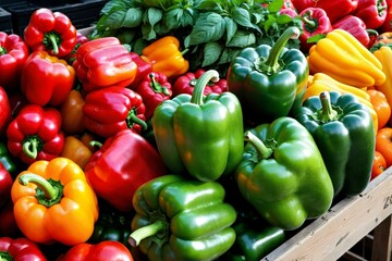 A wooden box overflowing with diverse colored peppers, great for food and decorative uses