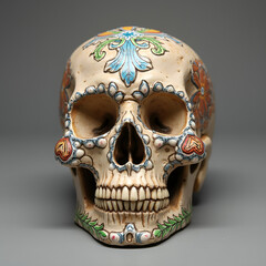 A human skull made of clay or ceramic, with intricate details and vibrant colours, featuring traditional patterns and artistic motifs.