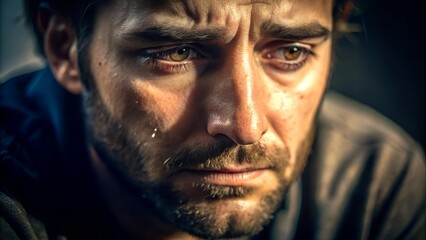 Close-up of a distressed man with teary eyes reflecting deep emotions and sadness