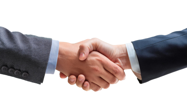Business handshake isolated on white, transparent cutout; conceptual co