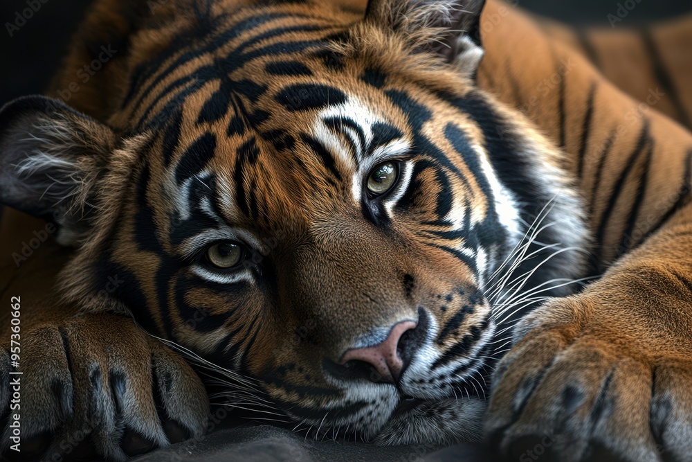 Sticker Sumatran Tiger (panthera tigris sumatrae) in captivity lying down and looking at the camera