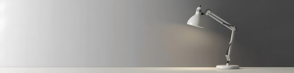 A 3D render of a white modern desk lamp turned off, positioned on a plain, neutral background. 