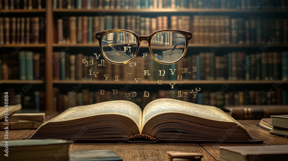 Poster glasses floating above an open book surrounded by letters in a cozy library filled with shelves of o