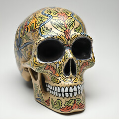 A human skull made of clay or ceramic, with intricate details and vibrant colours, featuring traditional patterns and artistic motifs.