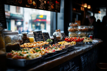 Fototapeta premium Delightful assortment of tapas at a cozy bar in San Sebastian during a bustling evening