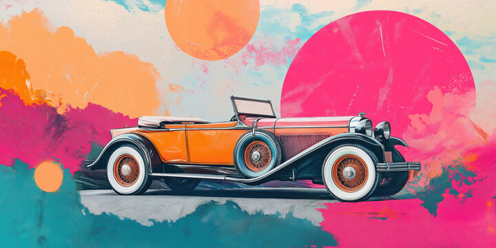 Vintage car with vibrant abstract background: exploring retro automotive design in modern art