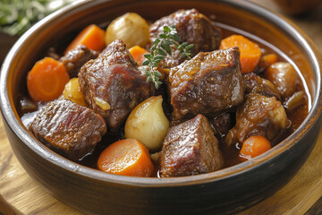 Deliciously tender beef ribs stewed with vibrant vegetables in a rustic bowl, perfect for a comforting meal