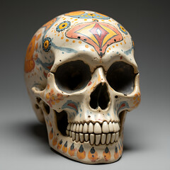 A human skull made of clay or ceramic, with intricate details and vibrant colours, featuring traditional patterns and artistic motifs.