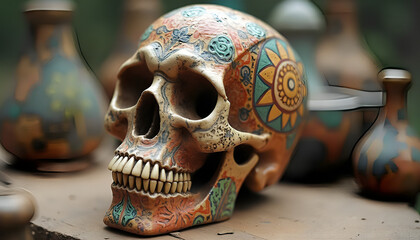 A human skull made of clay or ceramic, with intricate details and vibrant colours, featuring traditional patterns and artistic motifs.