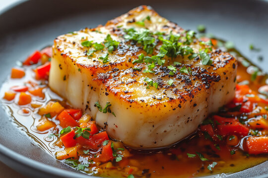 Delicious cod timbale served on a bed of sauteed colorful peppers, adorned with a micro mezclum mix