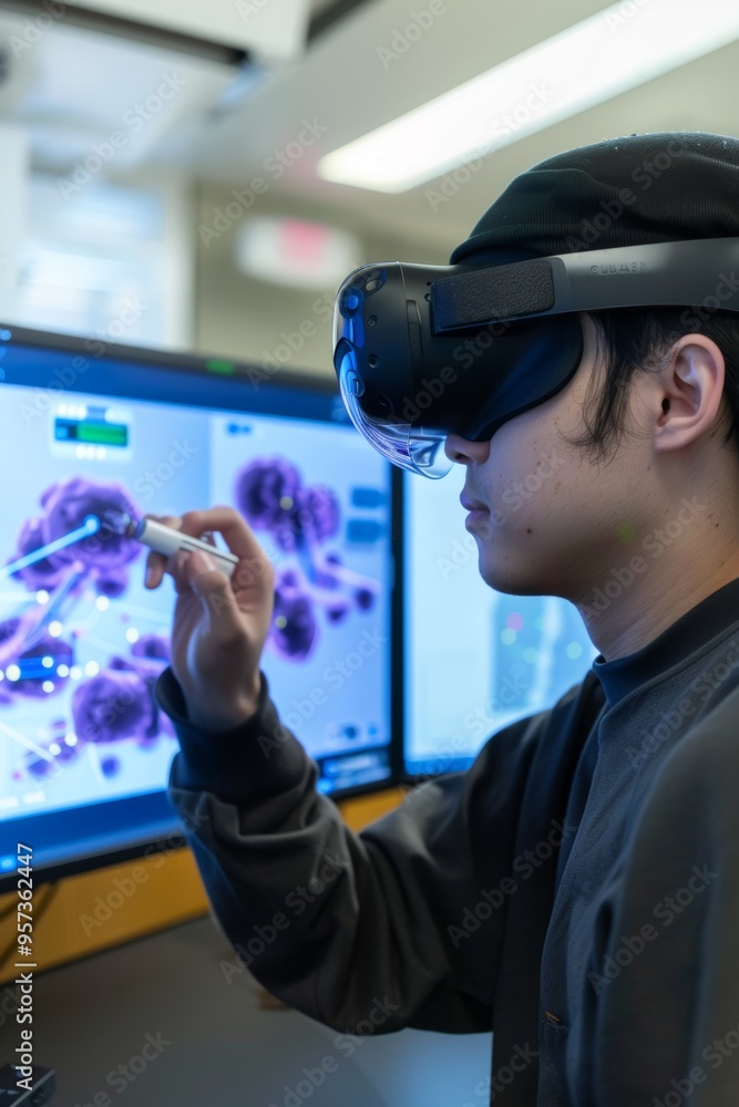 Poster adult student using augmented reality for virtual lab session in high-tech learning space