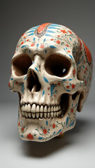 A human skull made of clay or ceramic, with intricate details and vibrant colours, featuring traditional patterns and artistic motifs.