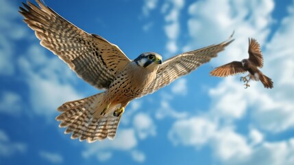 Falcon's hunt in blue sky, Bird: Kestrel