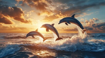 Fototapeta premium herd of dolphins fish jumping from water on sunset sea 