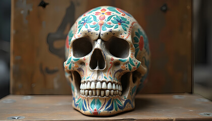 A human skull made of clay or ceramic, with intricate details and vibrant colours, featuring traditional patterns and artistic motifs.